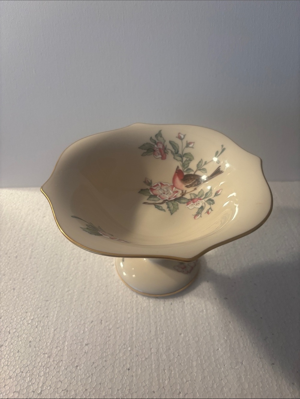 Lenox Serenade Round Compote Cream Porcelain Pedestal Dish with Floral Bird